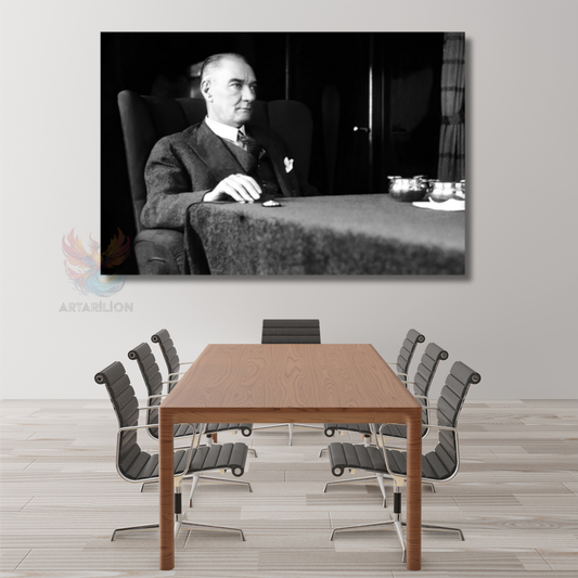 Siyah Beyaz Atatürk Tablosu Yatay Kanvas Tablo Modeli Ev Ofis Duvar Dekoru