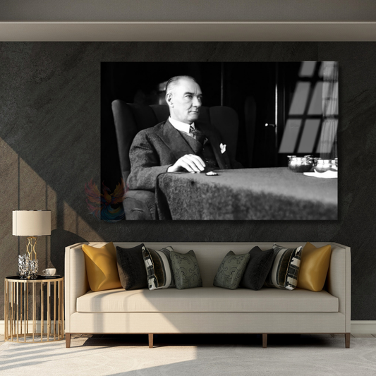 Black and White Atatürk Painting Horizontal Glass Painting Model Home Office Wall Decor
