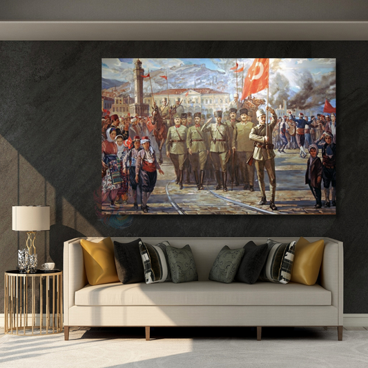 Halk ve Atatürk Kanvas Tablo Yatay Duvar Tablosu Zafer Temalı Tablo Ev Okul Ofis Tablosu