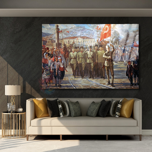 Halk ve Atatürk Cam Tablo Yatay Duvar Tablosu Zafer Temalı Tablo Ev Okul Ofis Tablosu