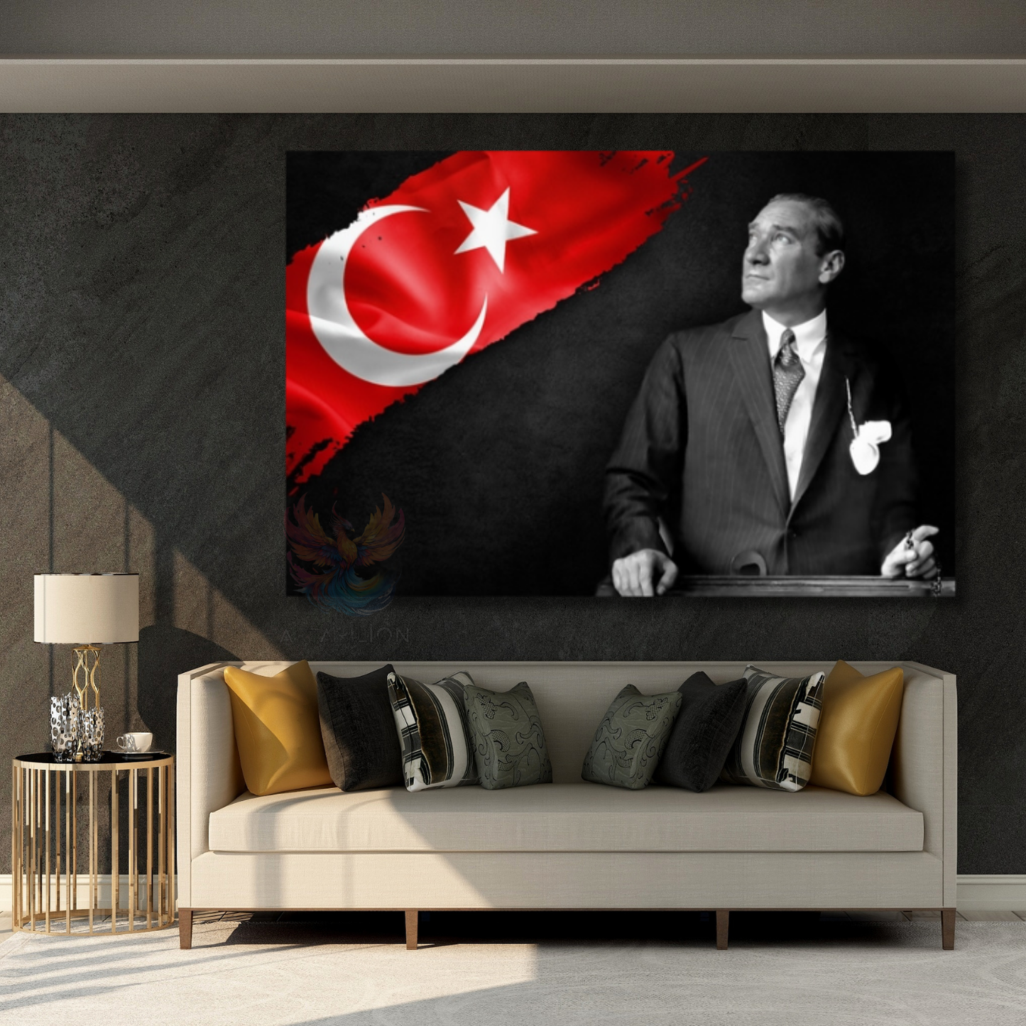 Atatürk ve Bayrak Temalı Kanvas Tablo Okul Ofis Tablosu Yatay Duvar Dekoru