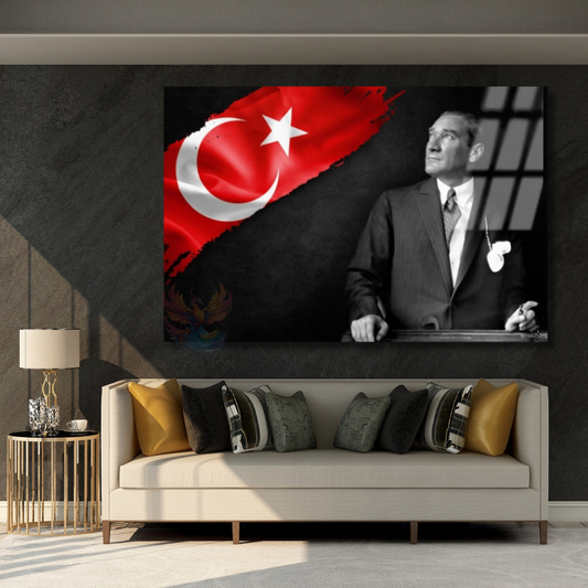 Atatürk ve Bayrak Temalı Cam Tablo Okul Ofis Tablosu Yatay Duvar Dekoru