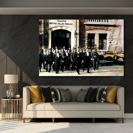Atatürk ve Meclis Binası Cam Tablo Yatay Duvar Tablosu Okul Ev Ofis Tablosu