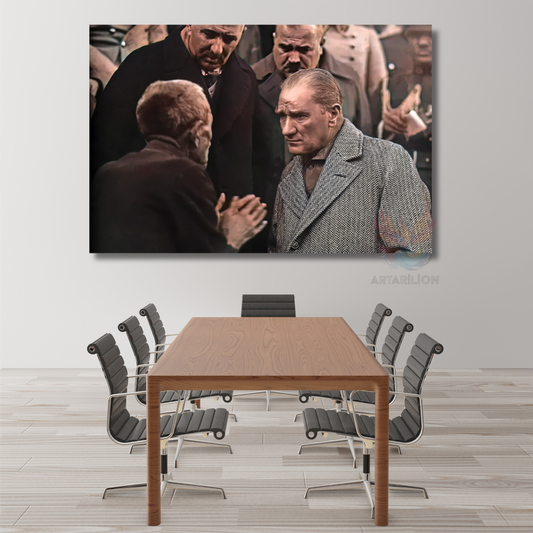 Atatürk ve Halk Temalı Renkli Kanvas Tablo Modeli Yatay Duvar Tablosu