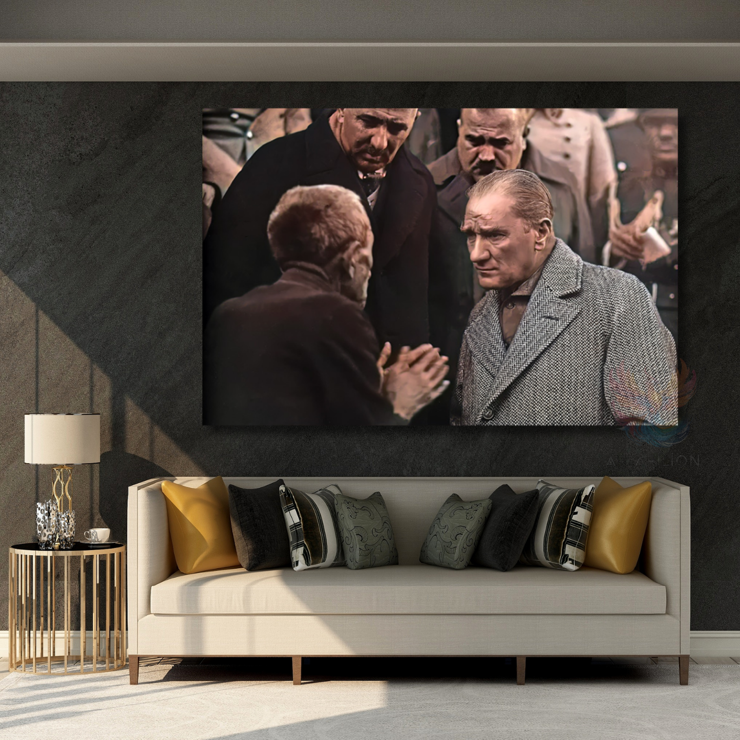 Atatürk ve Halk Temalı Renkli Kanvas Tablo Modeli Yatay Duvar Tablosu