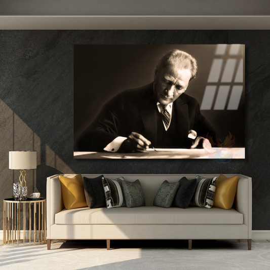 Yatay Cam Atatürk Görseli Tablo Atatürk Temalı Duvar Dekoru