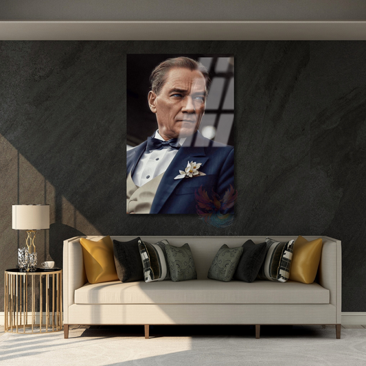 Karizmatik Renkli Atatürk Görseli Cam Tablo Dikey Duvar Tablosu