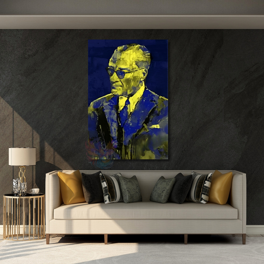 Atatürk Tablosu Lacivert ve Sarı Rekli Kanvas Atatürk Tablo Modeli Ev Ofis Tablosu