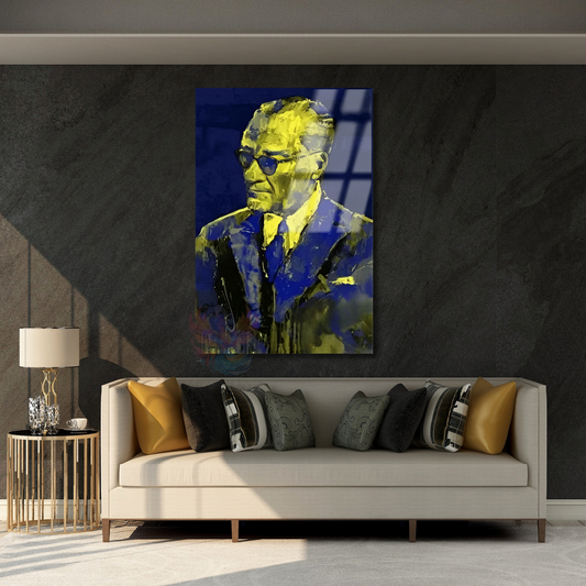 Atatürk Tablosu Lacivert ve Sarı Rekli Cam Atatürk Tablo Modeli Ev Ofis Tablosu