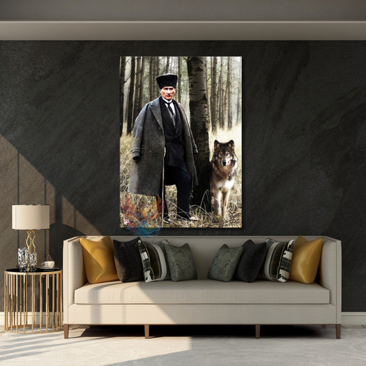 Atatürk and Wolf Visual Canvas Painting Vertical Wall Painting Home Office Painting