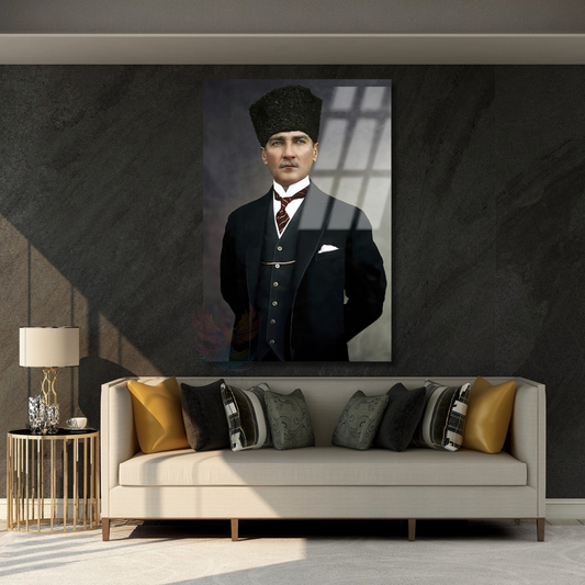 Mustafa Kemal Atatürk Renkli Cam Tablo Dikey Duvar Tablosu Atatürk Tablosu