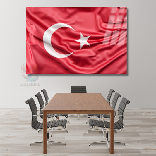 Ay Yıldız Türk Bayrağı Cam Tablo Yatay Duvar Tablosu Ev Ofis Okul Tablosu