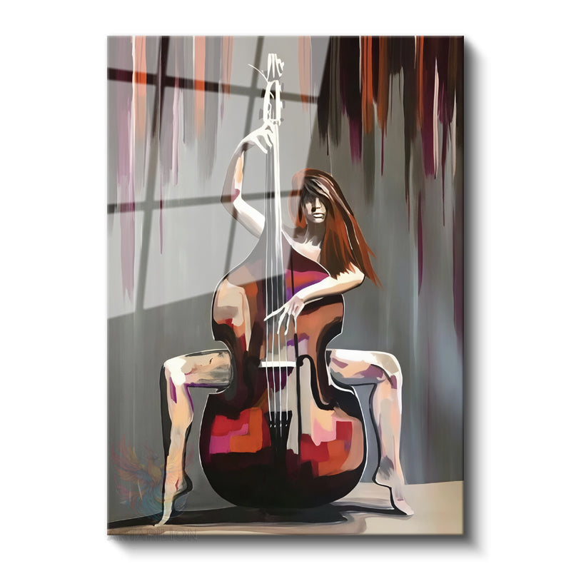 Cam Dikey Duvar Tablosu Cam Cello Çalan Kadın Ev Ofis Salon Modern Duvar Tablosu