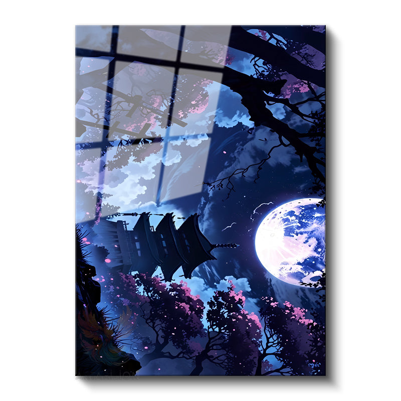 Glass Vertical Wall Art, Glass Full Moon, Japan, Home, Office, Living Room, Modern Wall Painting