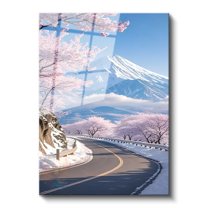 Glass Vertical Wall Art, Glass Road to Fuji, Home, Office, Living Room Modern Wall Art