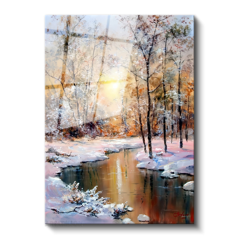 Glass Vertical Wall Art, Glass Lake and Snow, Modern Wall Art for Home, Office, Living Room.