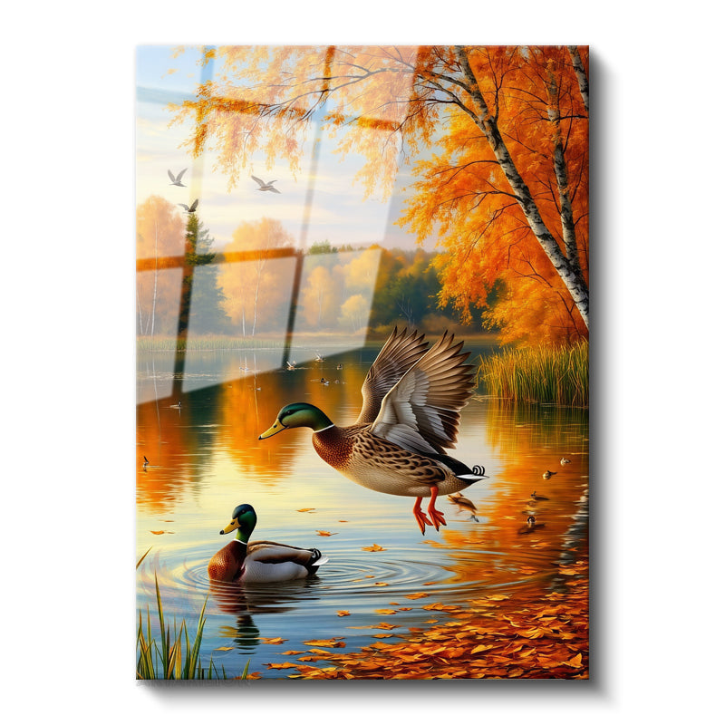 Glass Vertical Wall Art: Cute Ducks in a Glass Lake, Modern Wall Art for Home, Office, Living Room.