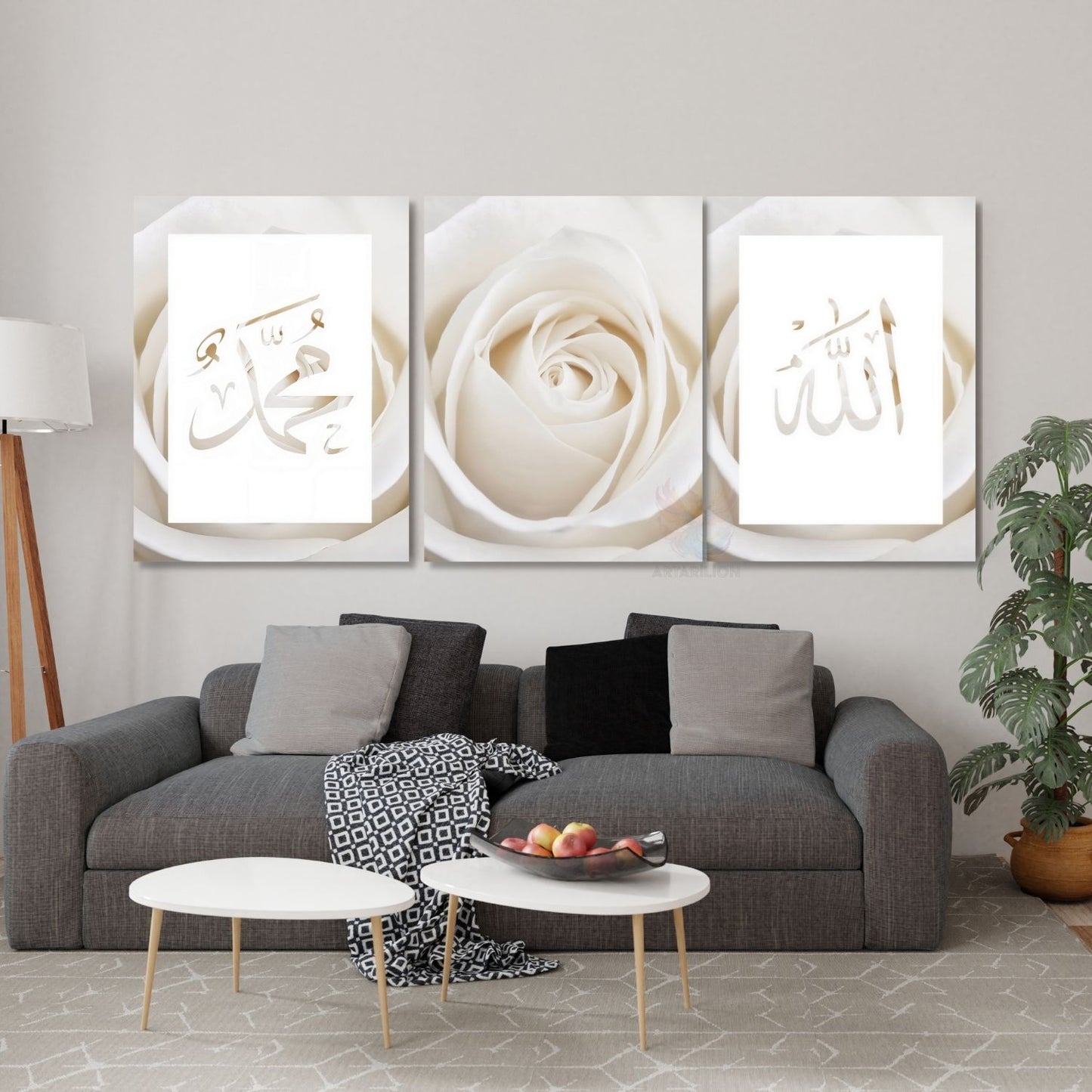 Dikey 3'lü Kanvas Tablo Allah Hz.Muhammed Beyaz Gül Dini Manevi İslami Duvar Salon Tablosu