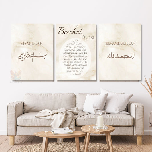 Dikey 3'lü Kanvas Tablo Seti Bismillah Elhamdülillah Bereket Duası Dini Manevi İş Yeri Ev Hediyesi
