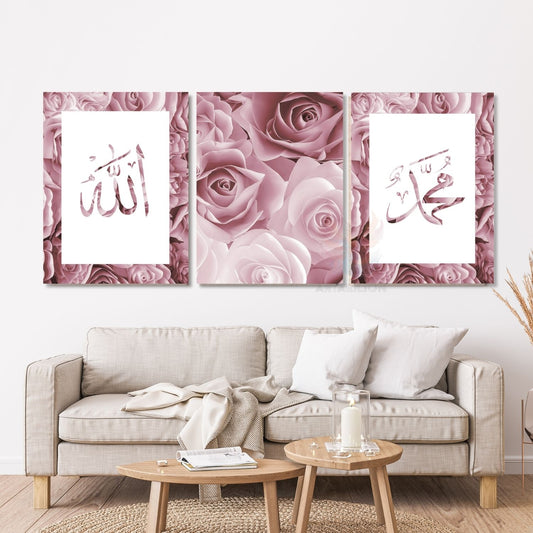 Dikey 3'lü Kanvas Tablo Allah Hz. Muhammed Pembe Güller Dini İslami Manevi Salon Tablosu