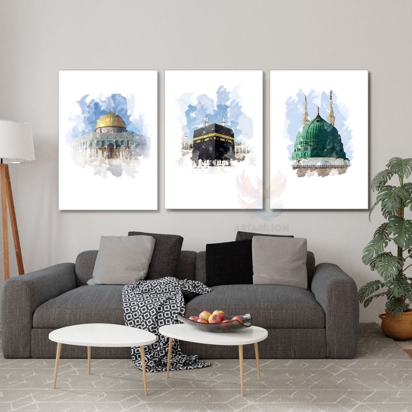 Dikey 3'lü Kanvas Tablo Kabe Mescid-i Aksa Mescid-i Nebevi Dini Manevi İslami Duvar Salon Tablosu