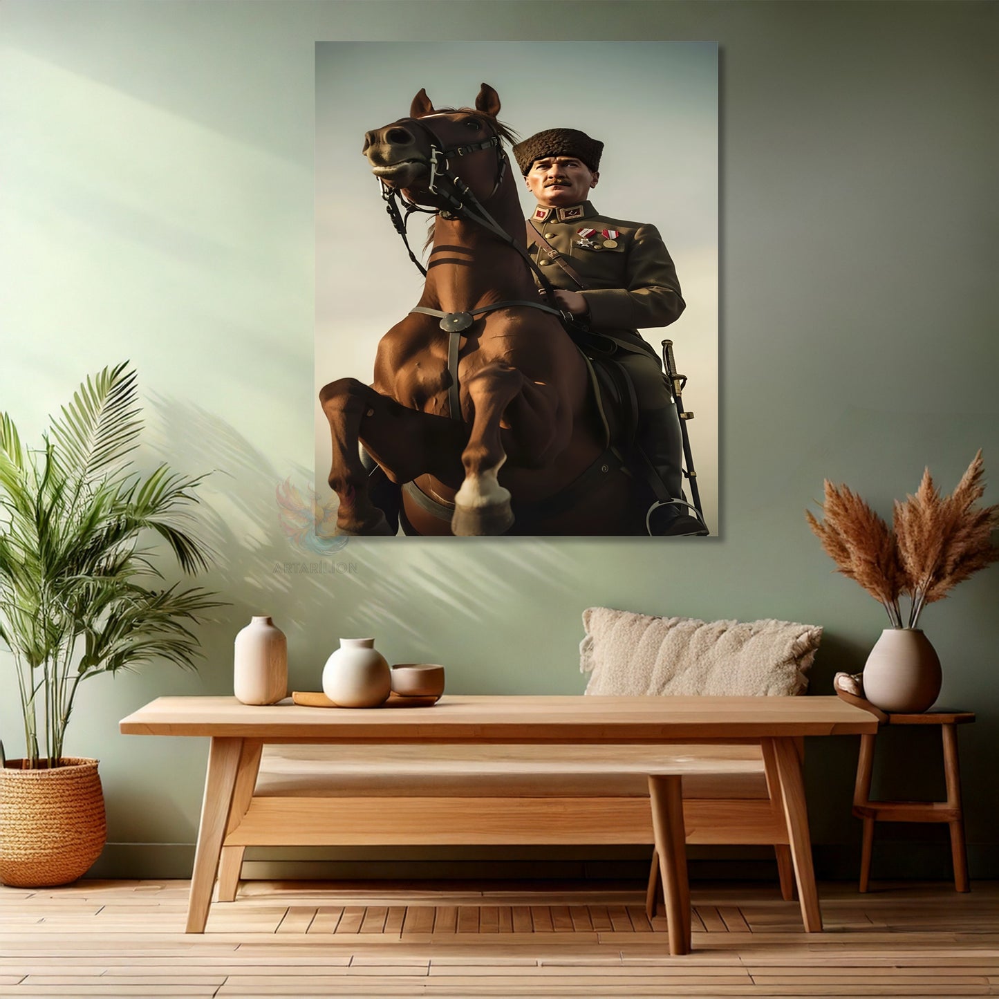 Kanvas Dikey Duvar Tablosu Kanvas Atatürk At Üstünde Ev Ofis Salon Modern Duvar Tablosu