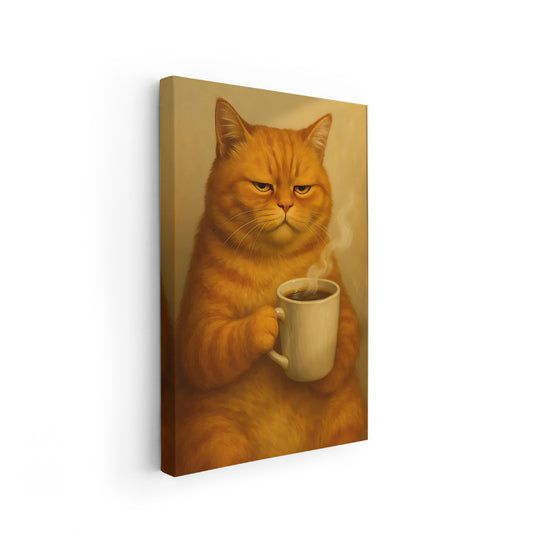Canvas Vertical Wall Art Canvas Cat Drinking Coffee Home Office Living Room Modern Wall Art