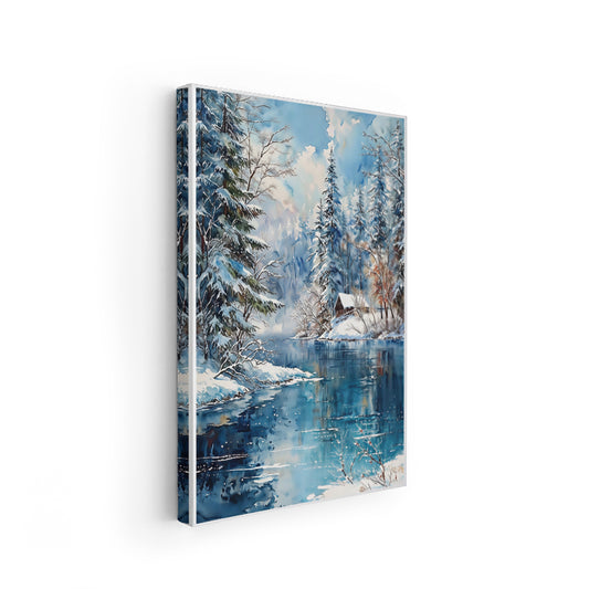 Canvas Vertical Wall Art Canvas Snow Lake Cabin House Office Living Room Modern Wall Art