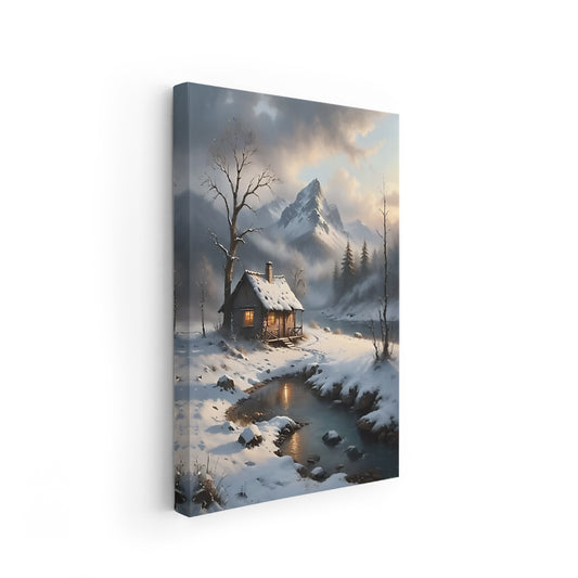Canvas Vertical Wall Art, Canvas Snowy House Mountain Landscape, Home Office Living Room Modern Wall Art