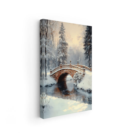 Canvas Vertical Wall Art, Canvas Bridge and Falling Snow Landscape, Modern Wall Art for Home, Office, Living Room.