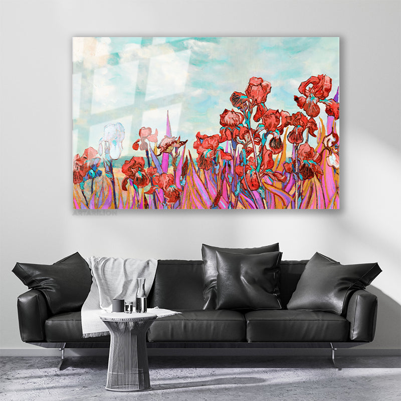 Cam Yatay Duvar Tablosu Cam Kirmizi Çiçekler Ev Ofis Salon Modern Duvar Tablosu