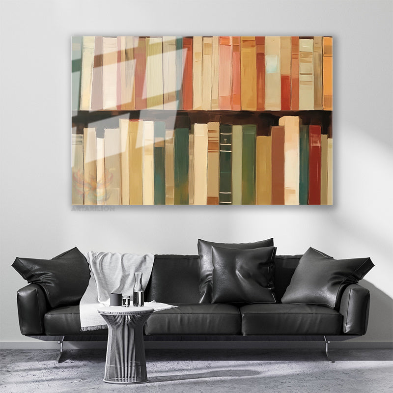 Glass Horizontal Wall Art, Books in a Glass Bookcase, Home Office Living Room Modern Wall Art