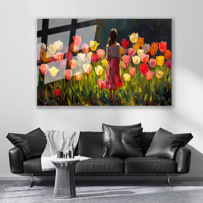 Glass Horizontal Wall Art: Glass Little Girl and Tulips, Modern Wall Art for Home, Office, Living Room.