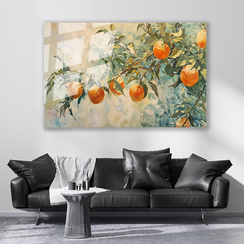 Glass Horizontal Wall Art, Glass Orange Tree Branches, Home Office Living Room Modern Wall Art