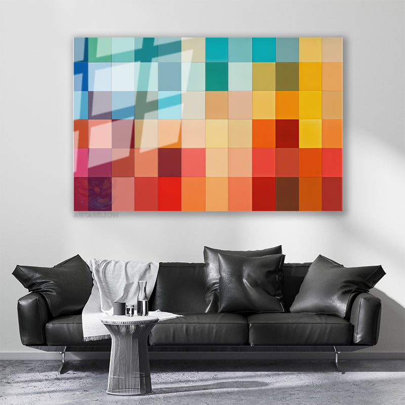 Glass Horizontal Wall Art, Glass Color Squares, Home Office Living Room Modern Wall Art