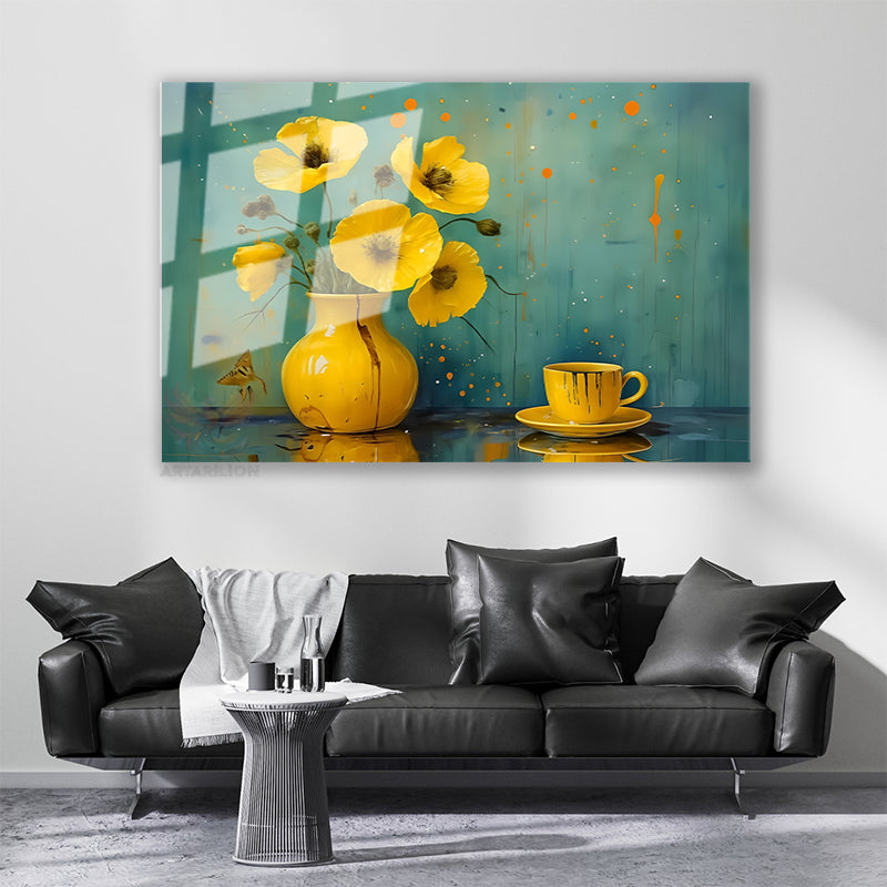 Glass Horizontal Wall Art, Glass Yellow Flower and Cup, Home Office Living Room Modern Wall Art