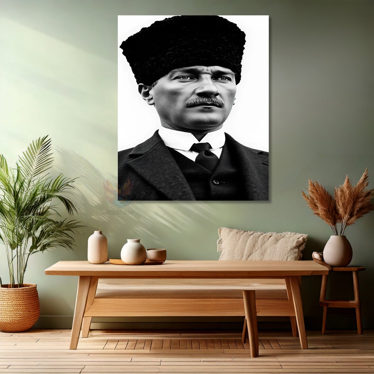 Kanvas Dikey Duvar Tablosu Kanvas Siyah Beyaz Atatürk Kalpaklı Ev Ofis Salon Modern Duvar Tablosu