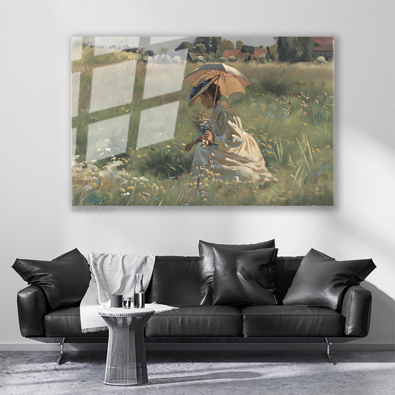 Glass Horizontal Wall Art, Vintage Glass Woman with Umbrella, Modern Wall Art for Home, Office, Living Room.