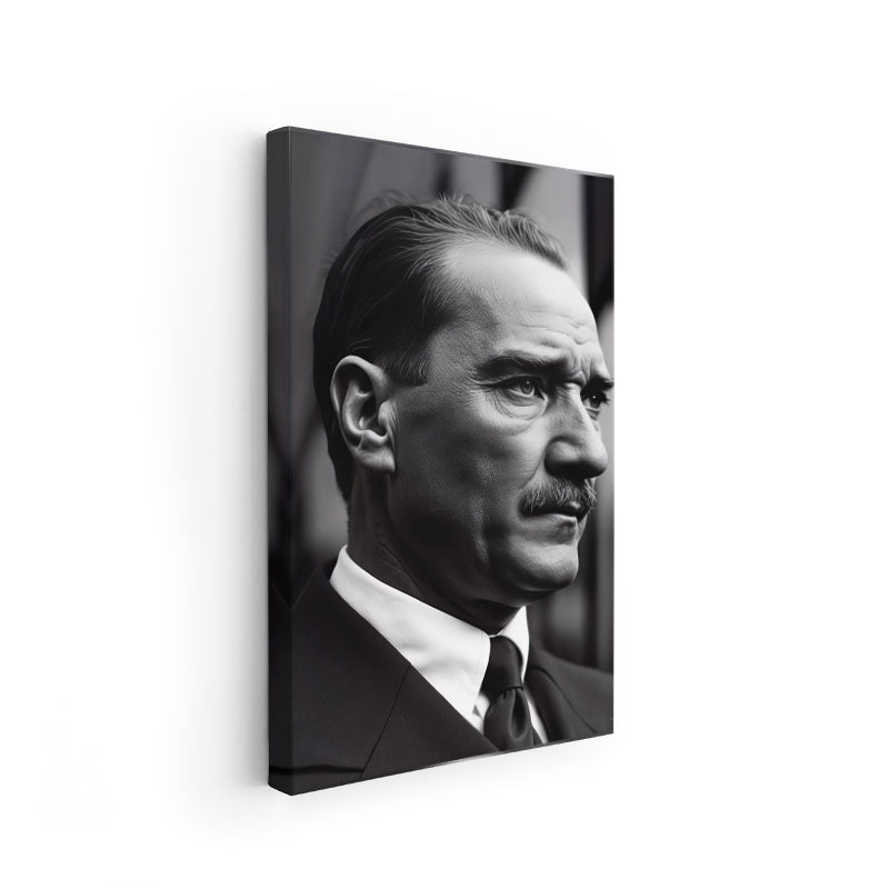 Kanvas Dikey Duvar Tablosu Kanvas Yandan Portre Siyah Beyaz Atatürk Ev Ofis Salon Modern Duvar Tablosu