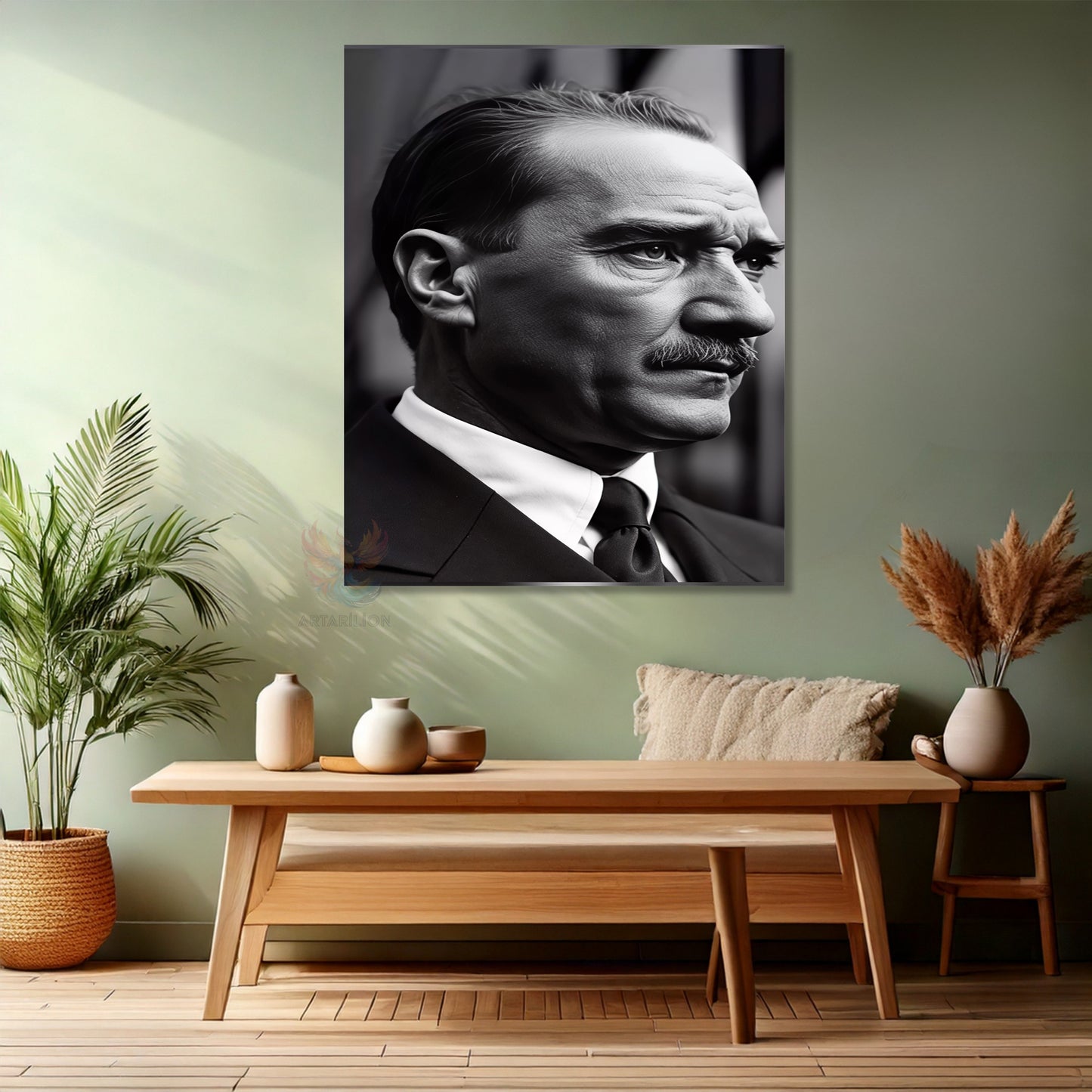 Kanvas Dikey Duvar Tablosu Kanvas Yandan Portre Siyah Beyaz Atatürk Ev Ofis Salon Modern Duvar Tablosu