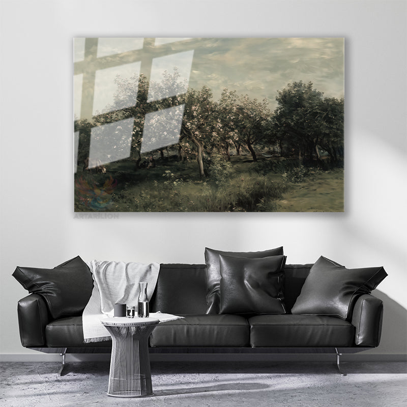 Glass Horizontal Wall Art, Glass Green Trees, Home, Office, Living Room, Modern Wall Art