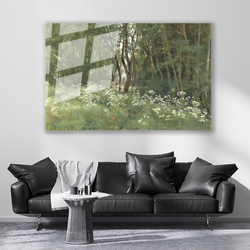 Glass Horizontal Wall Art, Glass Green Nature Landscape, Home Office Living Room Modern Wall Art