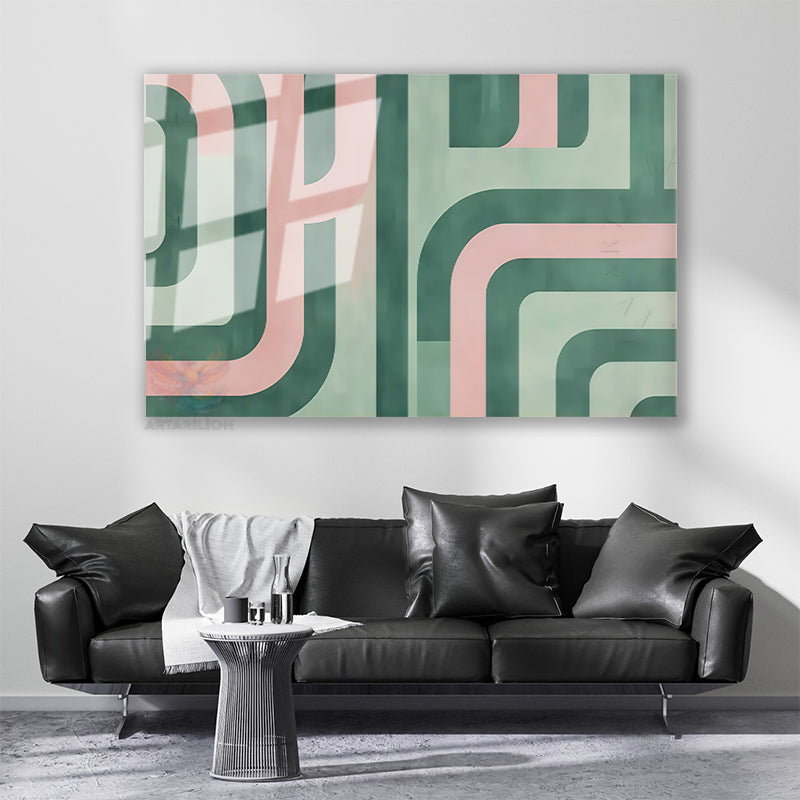 Cam Yatay Duvar Tablosu Cam Yesil Pembe Cizgiler Ev Ofis Salon Modern Duvar Tablosu