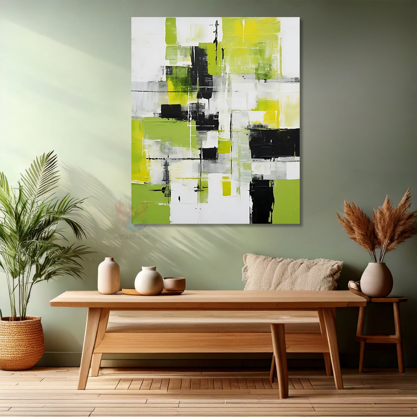 Oil Painting Look Abstract Canvas Painting Green Black Brush Strokes Living Room Wall Painting