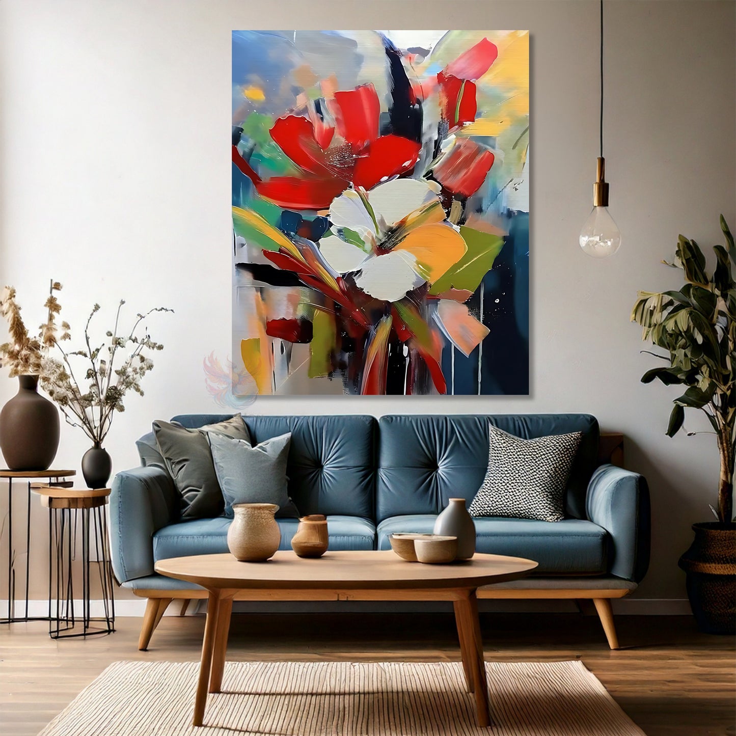 Kanvas Duvar Tablosu Soyut Çiçekler Yağlı Boya Görünümlü Dijital Baskı Salon Tablosu Modern Tablo