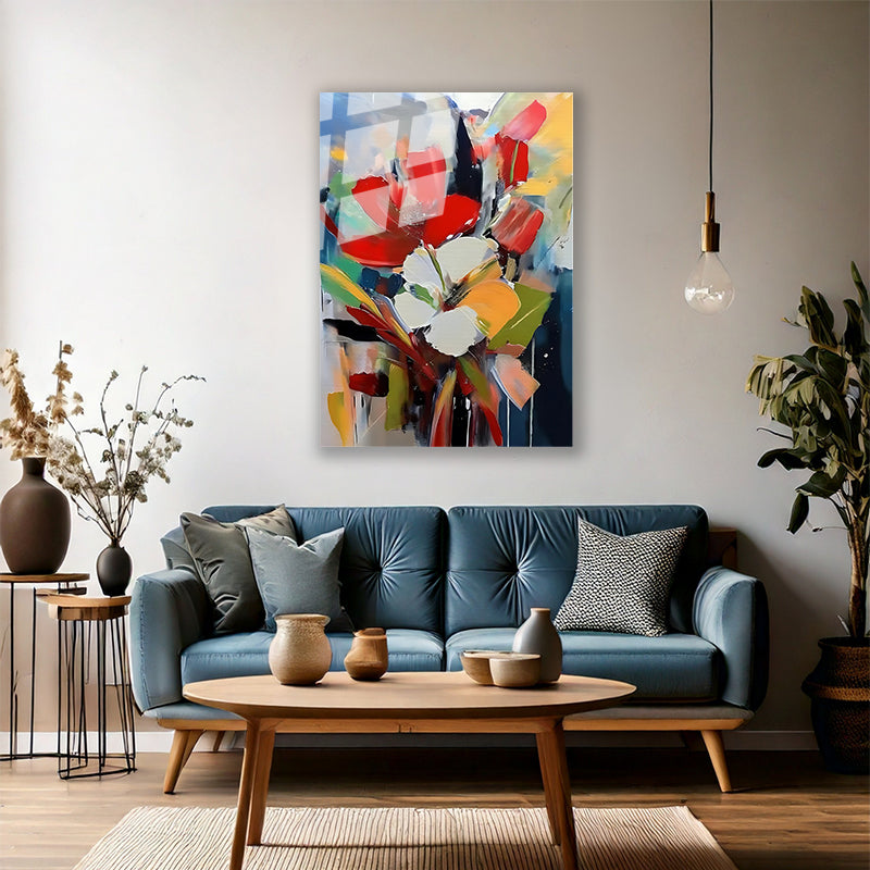 Cam Duvar Tablosu Soyut Çiçekler Yağlı Boya Görünümlü Dijital Baskı Salon Tablosu Modern Tablo