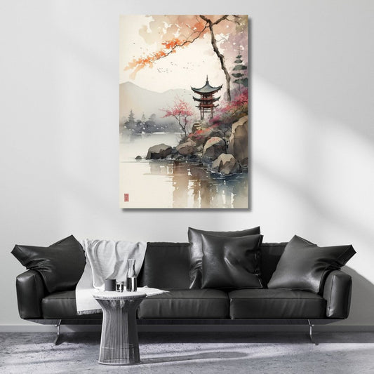 Watercolor-Style Japanese Temple Canvas Painting, Modern and Stylish Home Decor Picture