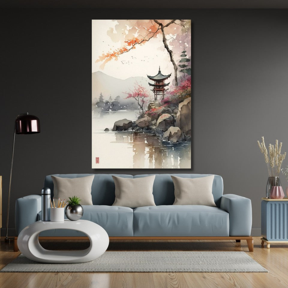 Sulu Boya Görünümlü Japon Tapınağı Kanvas Tablo Modeli Modern Şık Ev Dekoru Tablo