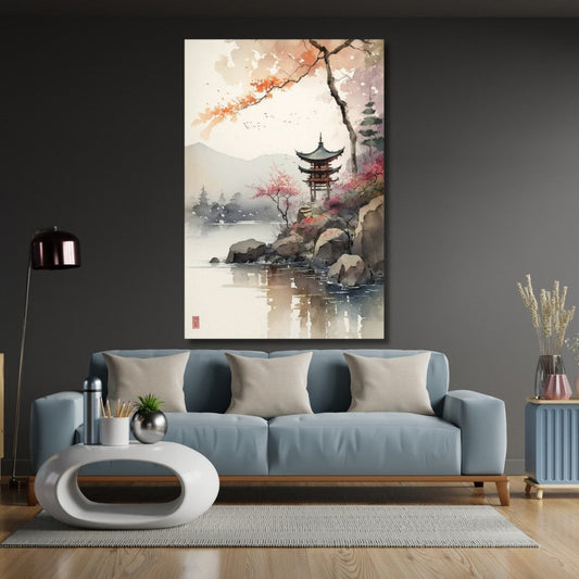 Watercolor-Style Japanese Temple Canvas Painting, Modern and Stylish Home Decor Picture