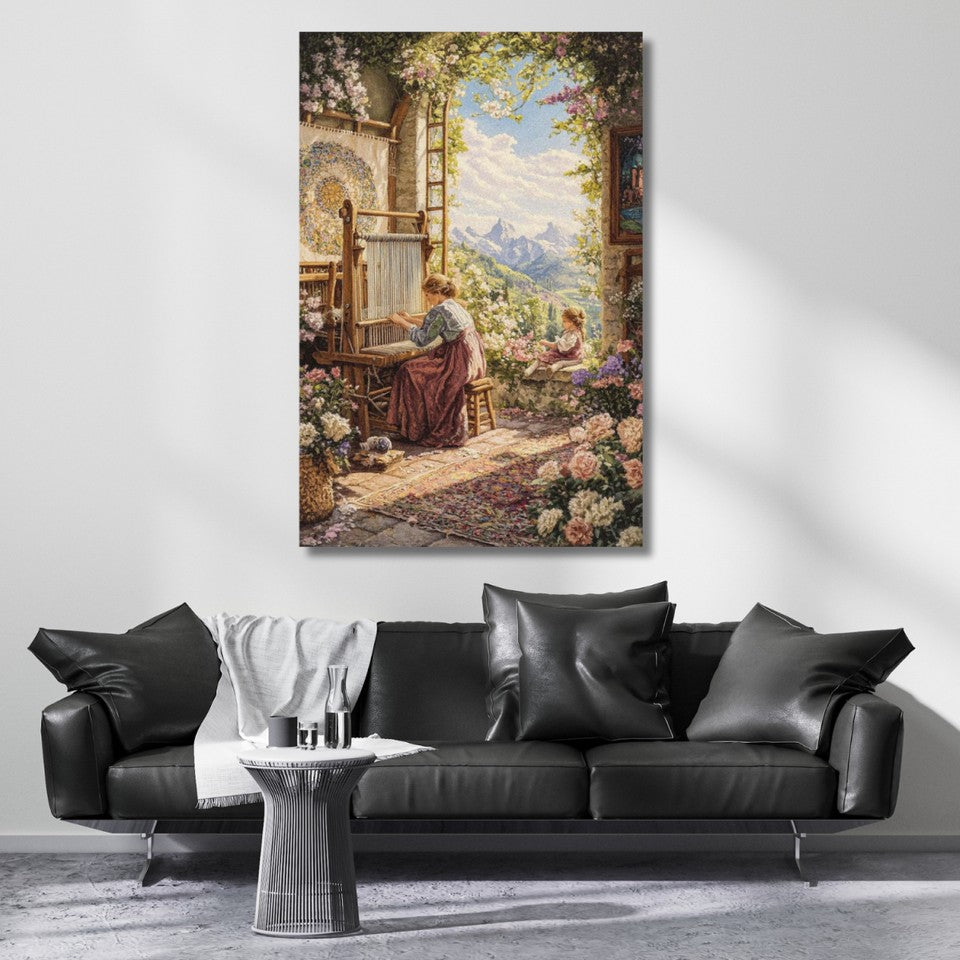 Woman Weaving a Carpet Canvas Painting, Classic-Look Printed Canvas Painting
